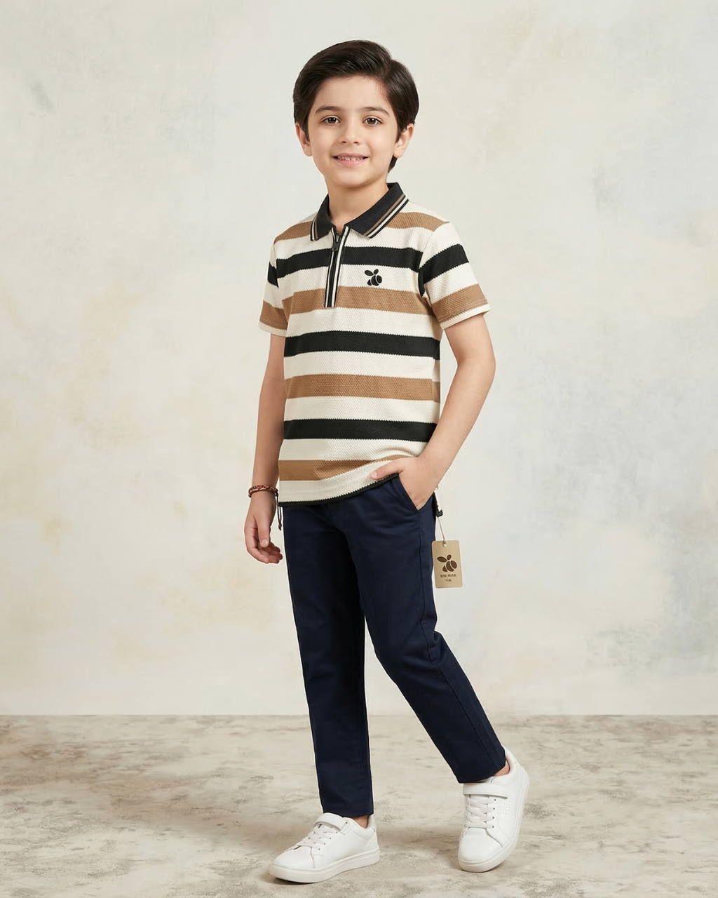 Boys Polo Half Zip Black/Brown Shirt