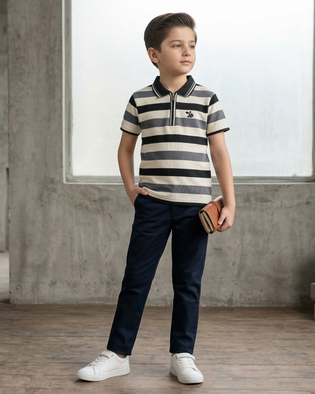 Boys Polo Half Zip Black/Grey Shirt