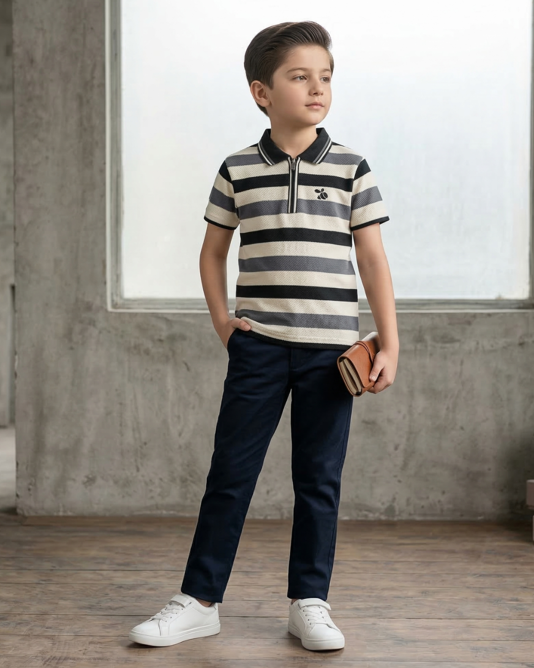 Boys Polo Half Zip Black/Grey Shirt