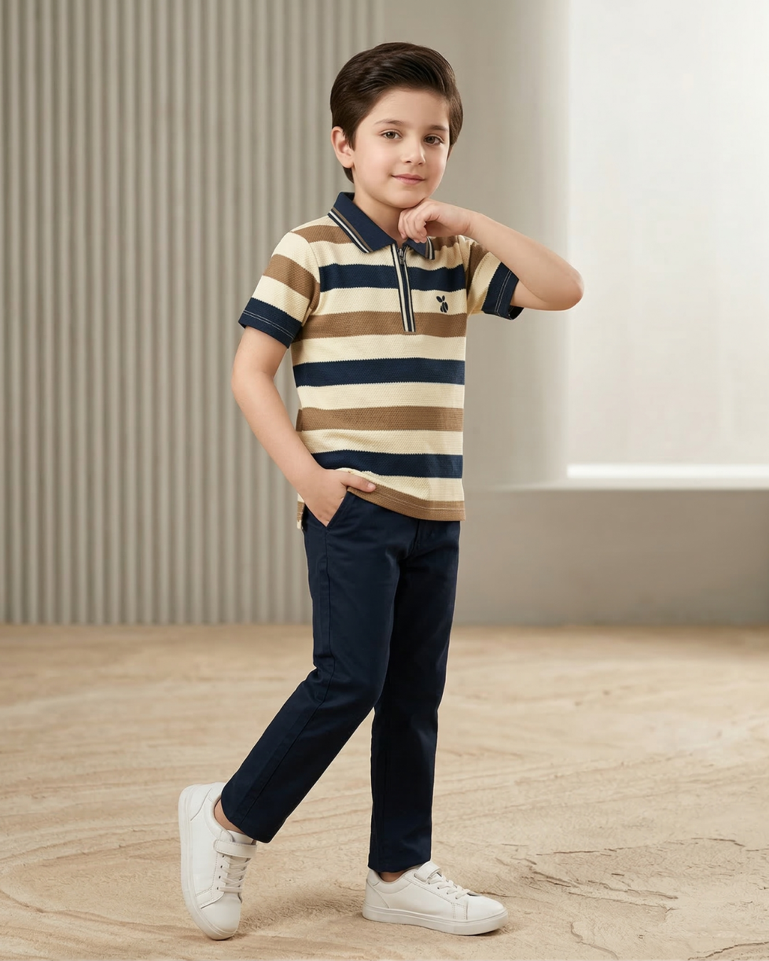 Boys Polo Half Zip Navy & Brown Shirt