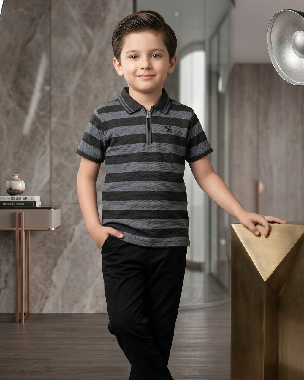 Boys Polo Half Zip Black/Grey Shirt