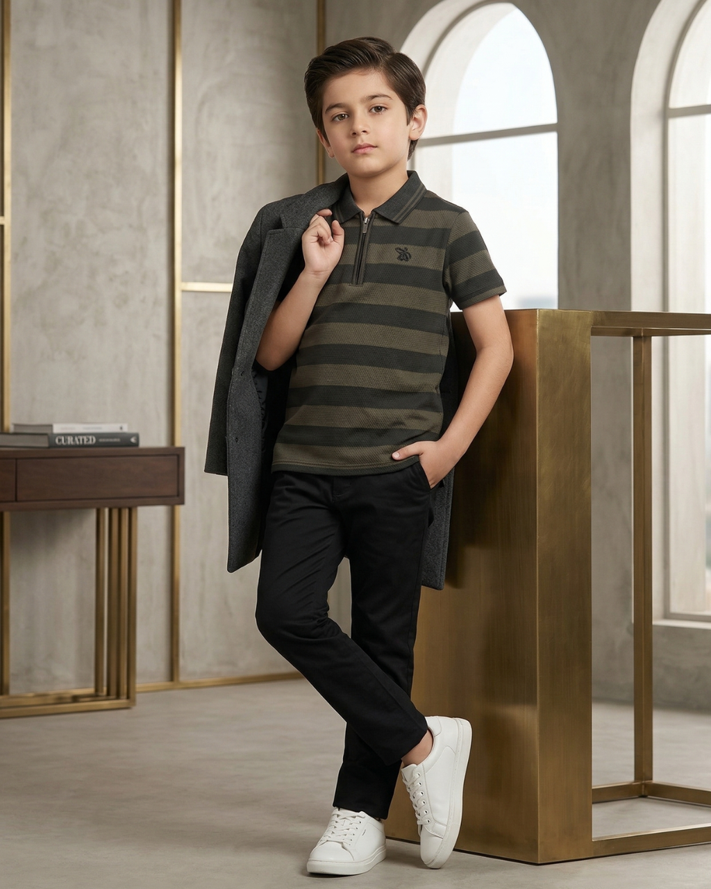 Boys Polo Half Zip Black/Olive Shirt