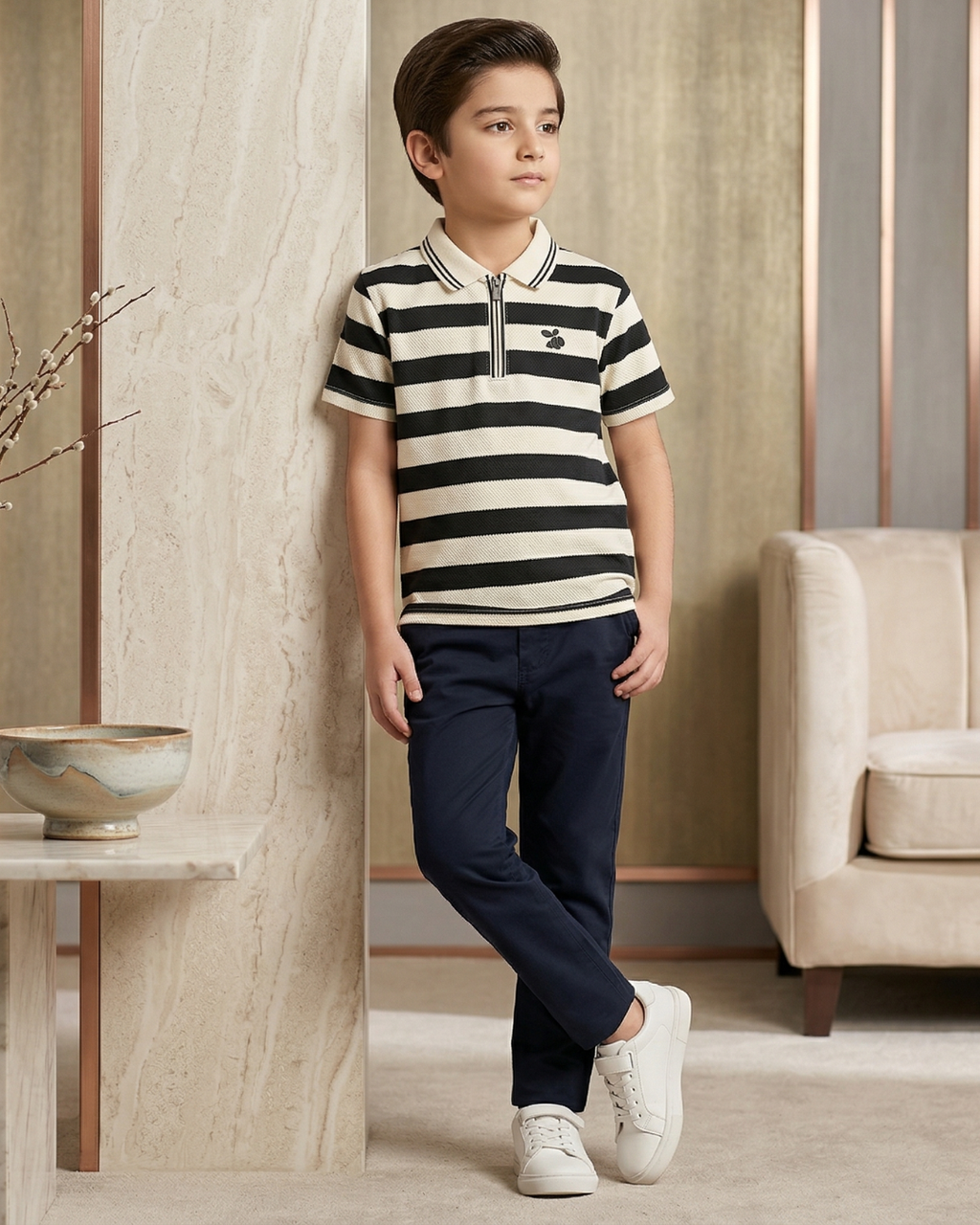 Boys Polo Half Zip Black/Off-white Shirt