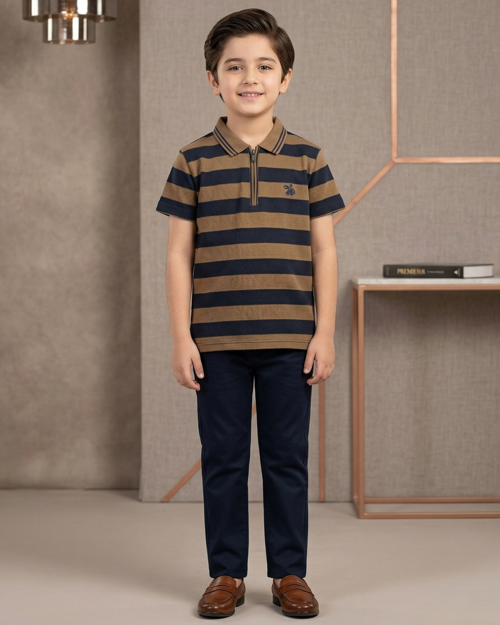 Boys Polo Half Zip Navy/Brown Shirt