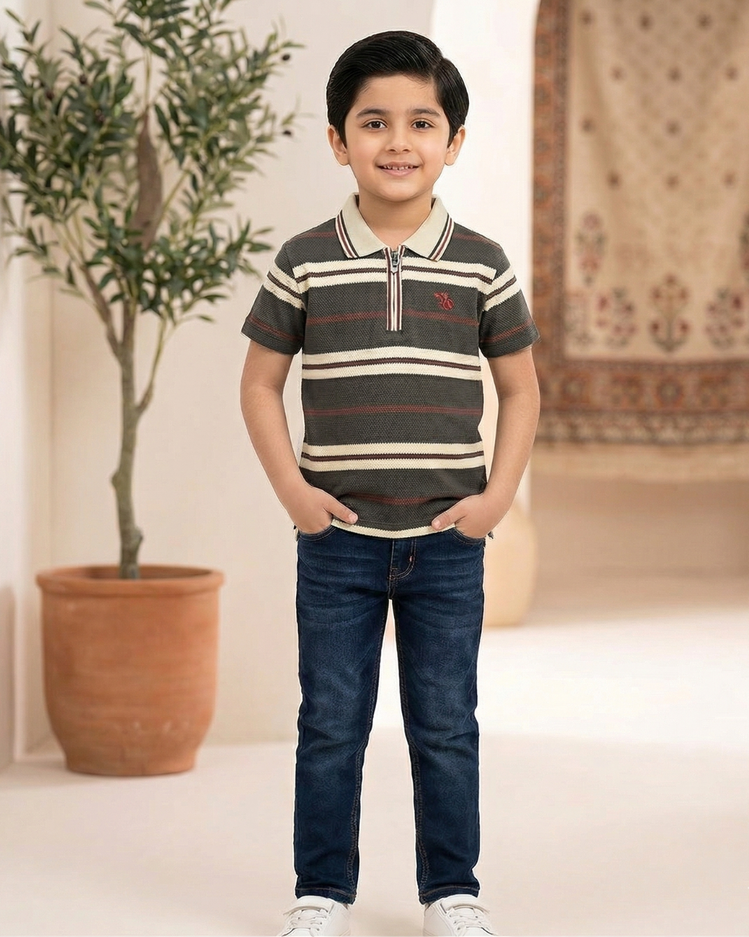 Boys Polo Half Zip Brown/White Shirt