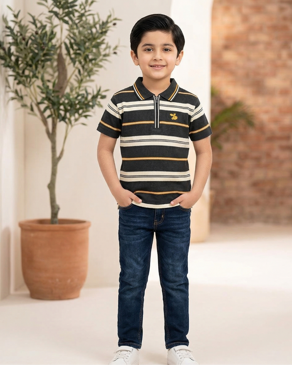 Boys Polo Half Zip Black/White Shirt