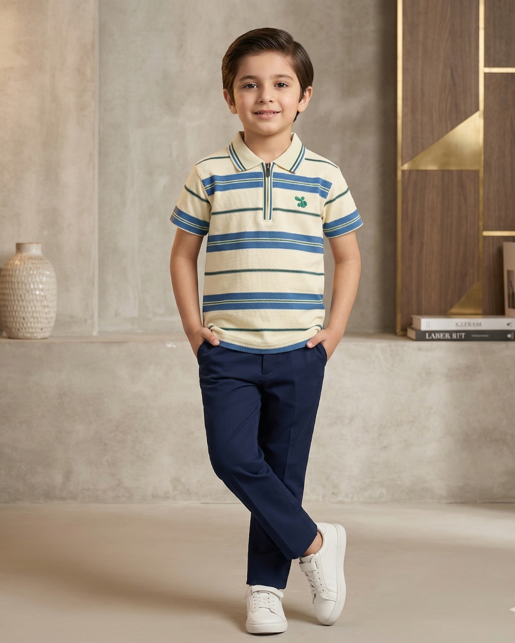 Boys Polo Half Zip Off White/Blue Shirt