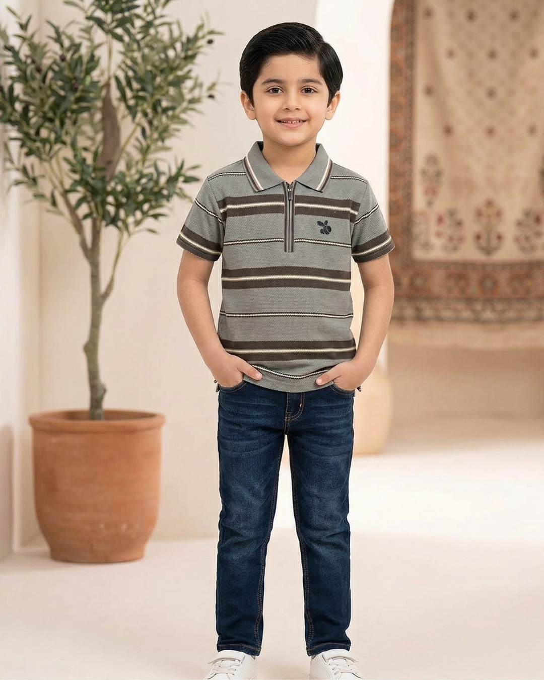 Boys Polo Half Zip Grey/Brown Shirt