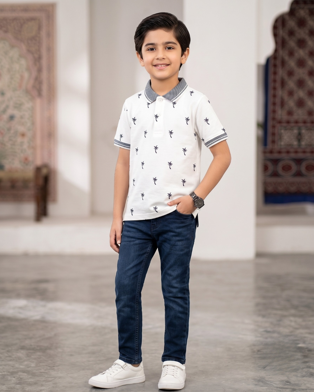 Boys Beach Tree Printed Polo Shirt