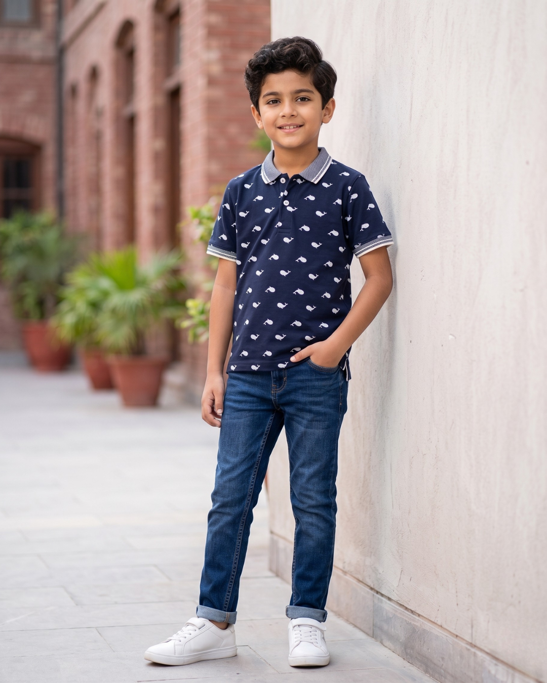 Boys Whale Printed Polo Shirt