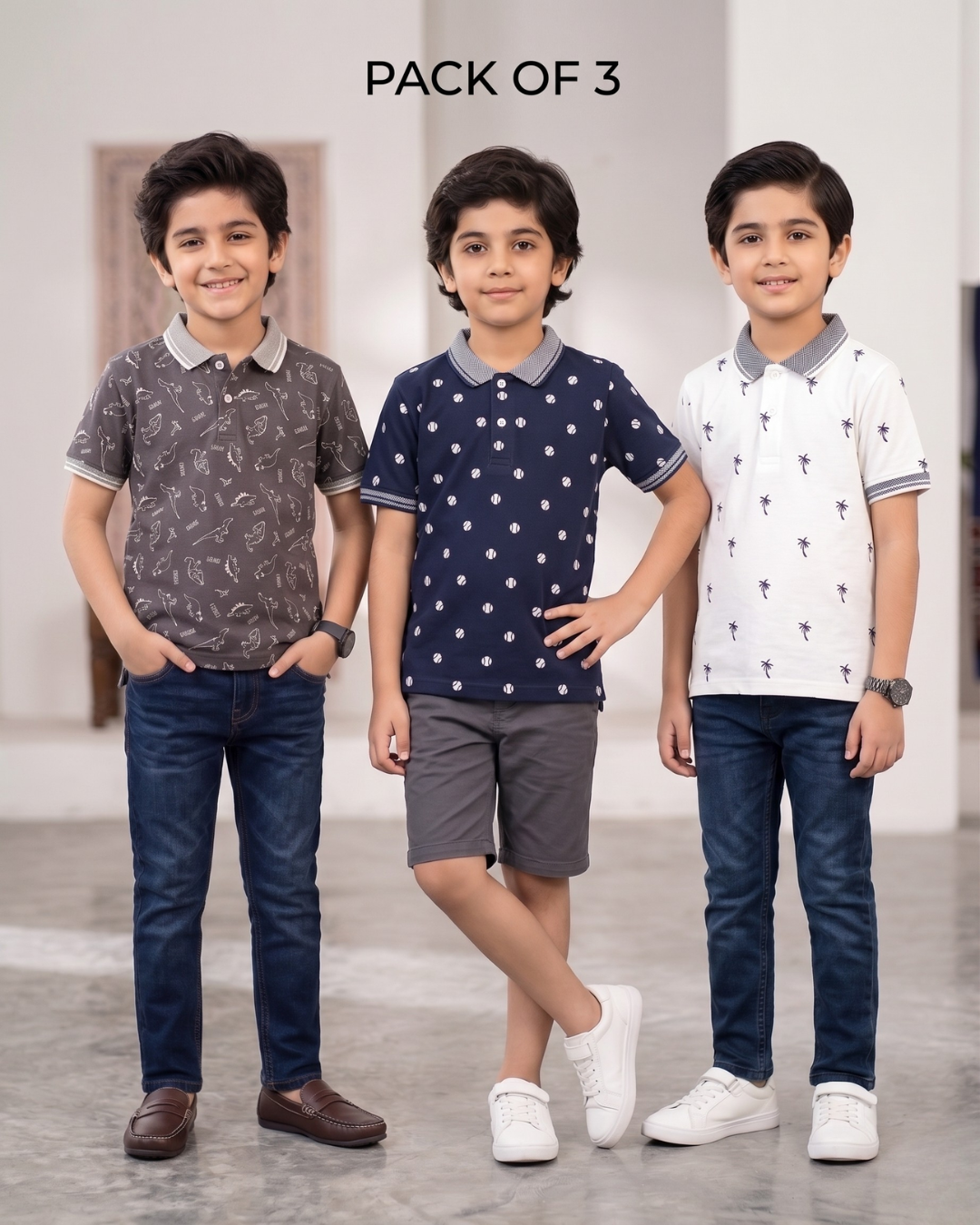 Pack of 3 Boys Printed Polo Shirt