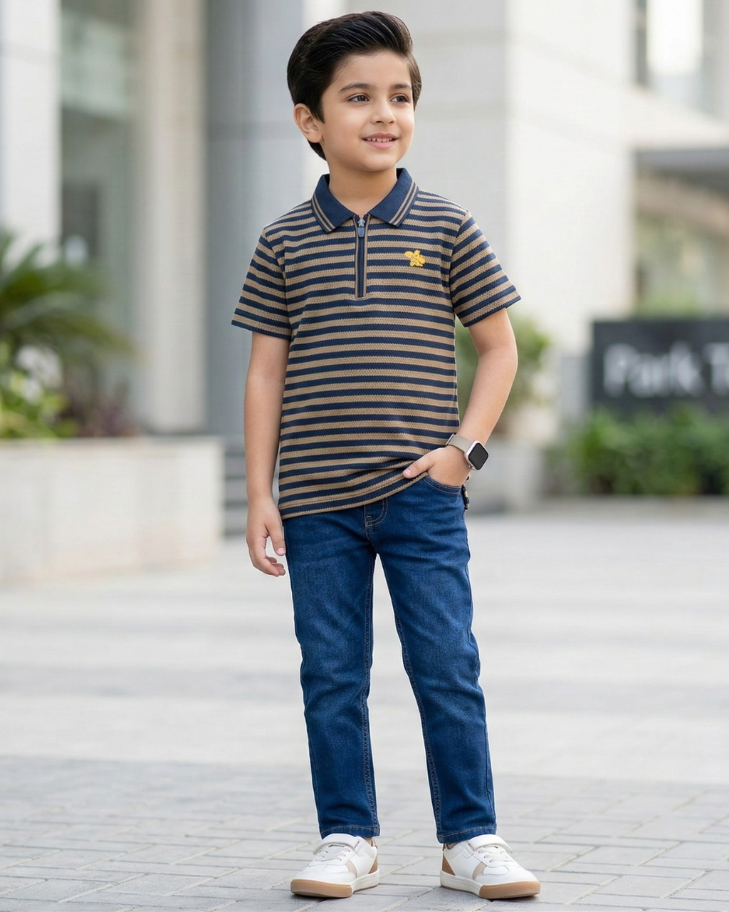 Boys Polo Half Zip Brown & Navy Shirt