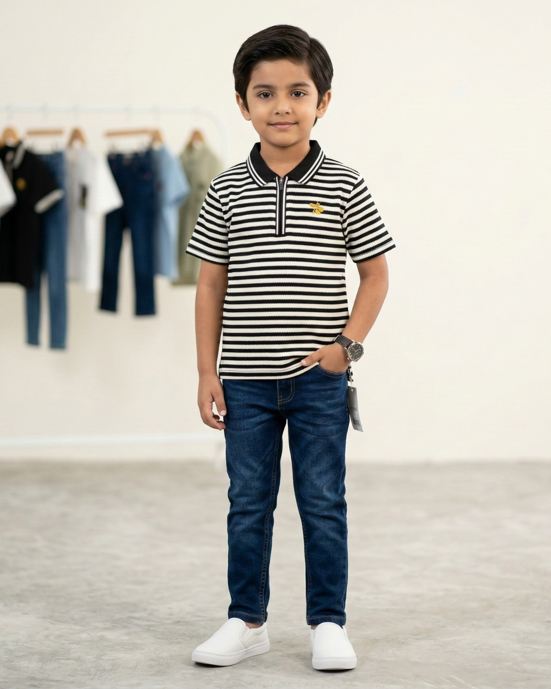 Boys Polo Half Zip Black & White Shirt