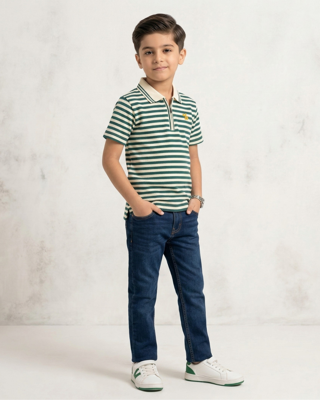 Boys Polo Half Zip Green & White Shirt